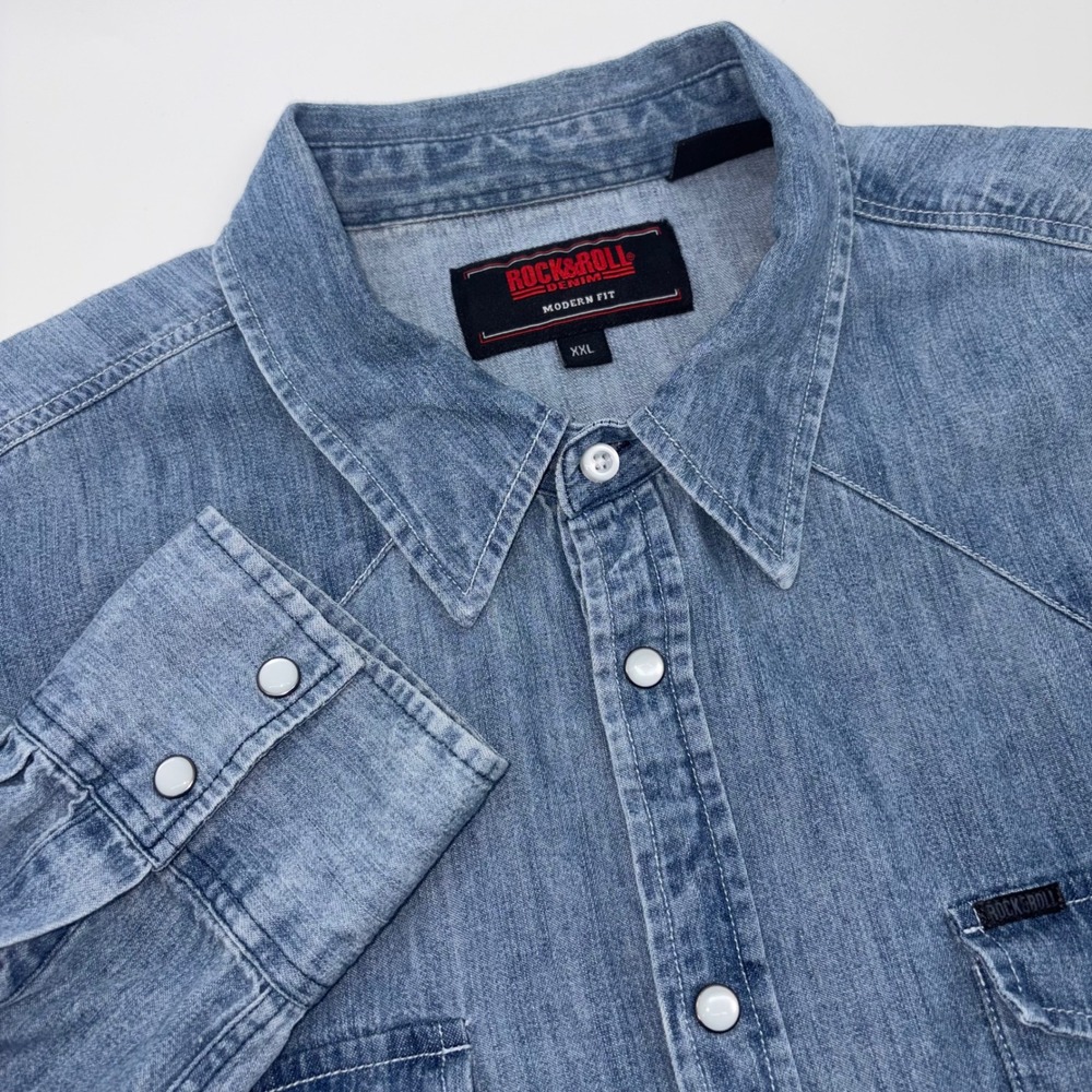 Rock &‎ Roll Denim Mens XXL Blue Western Pearl Snap Shirt Modern Fit